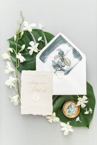 Biosphäre Potsdam Hochzeit Flatlay der Papeterie von Tropen Hochzeit